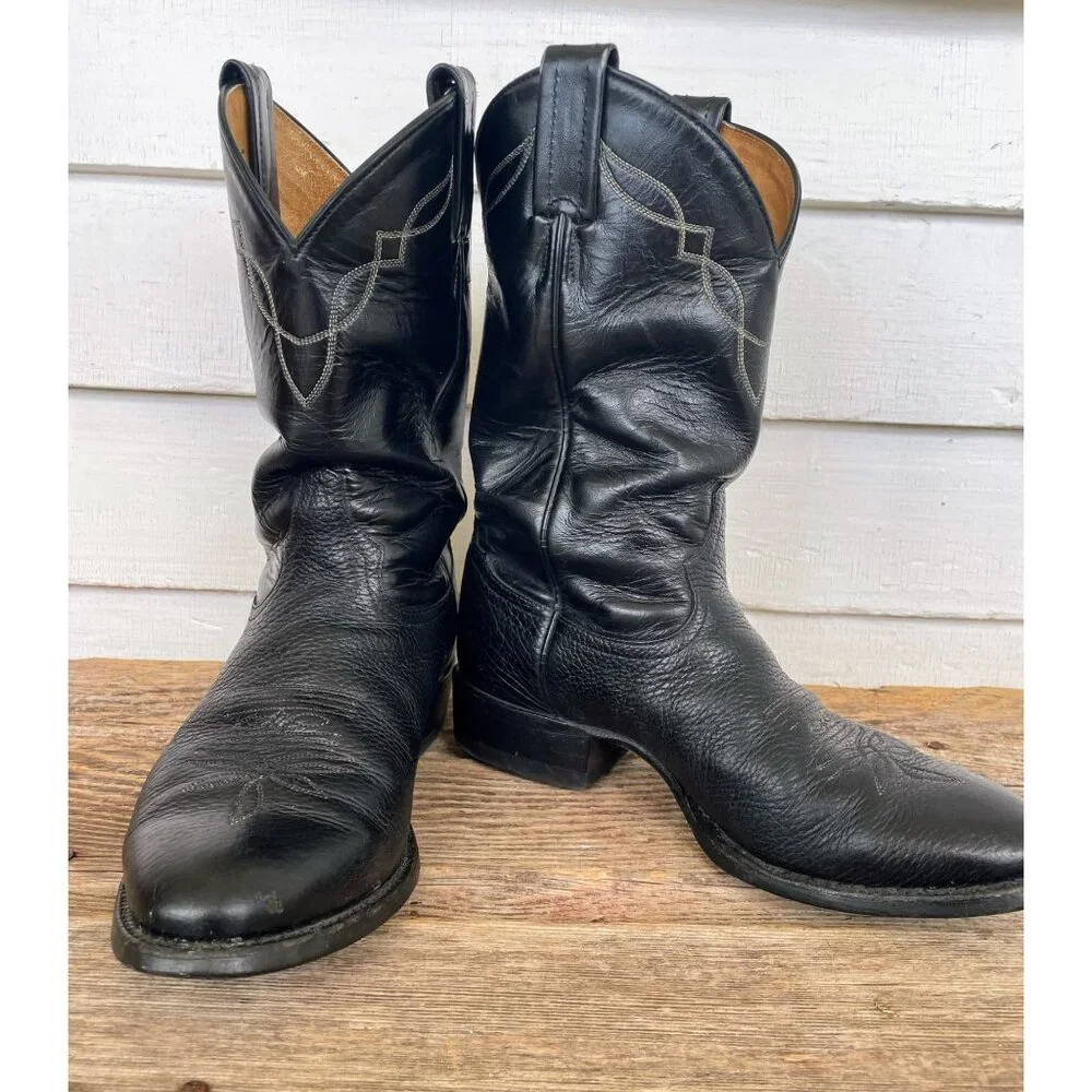 Tony Lama Black Bull hide Boots Size 8 EE Mens Style 2205 Western Leather - Picture 2 of 16